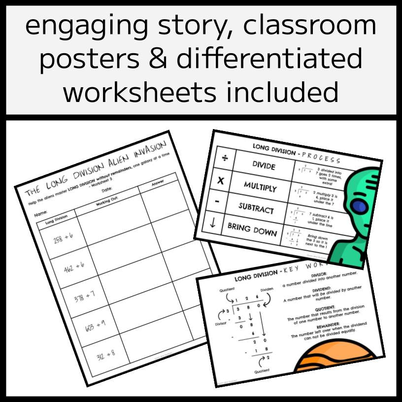 Long Division 'Alien Invasion' Story, Posters, & Worksheets