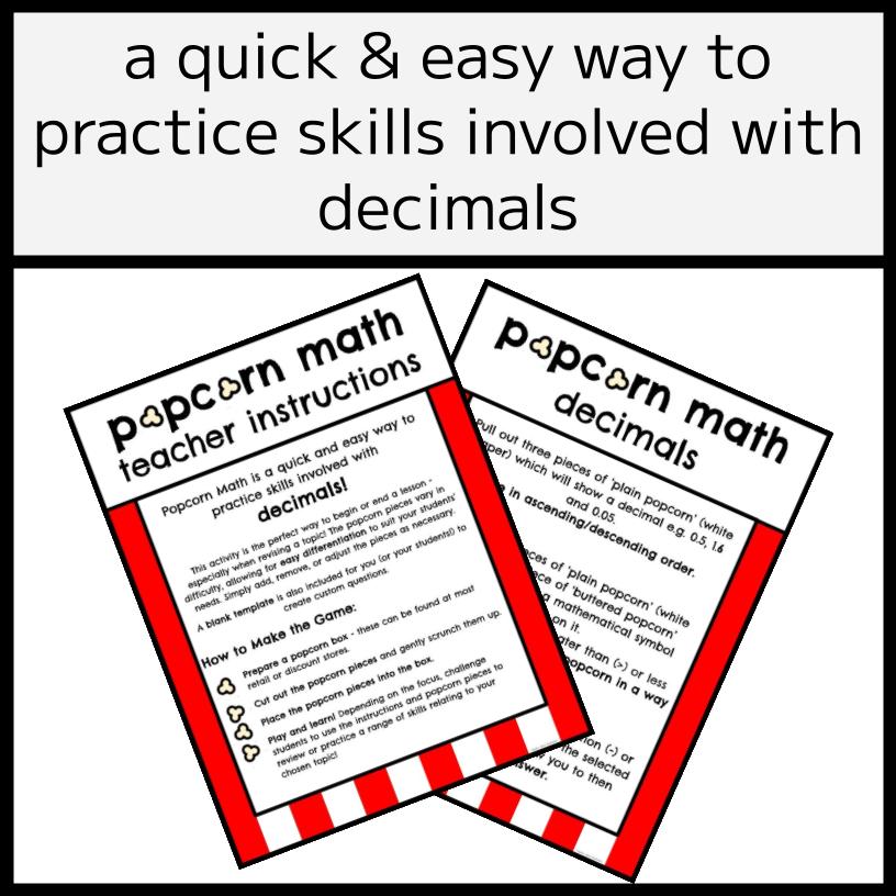 Popcorn Math Decimal Activity