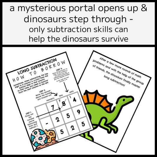 Subtraction 'Dinosaur Dilemma' Story, Posters, & Worksheets