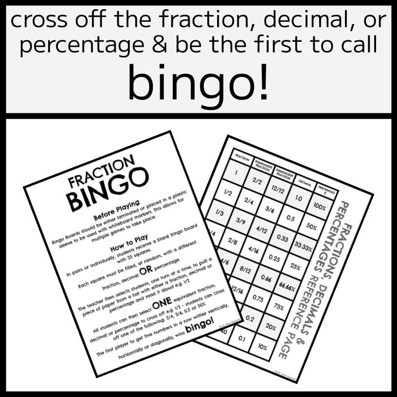Equivalent Fractions, Decimals, & Percentages BINGO Game
