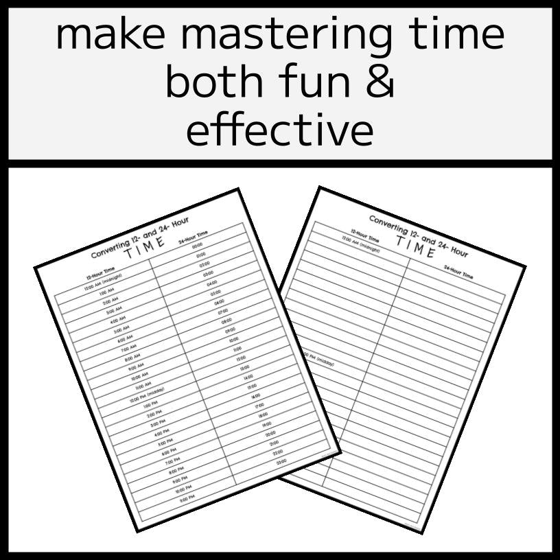 12- & 24-Hour Time Conversions - Clock, Table, & Cards