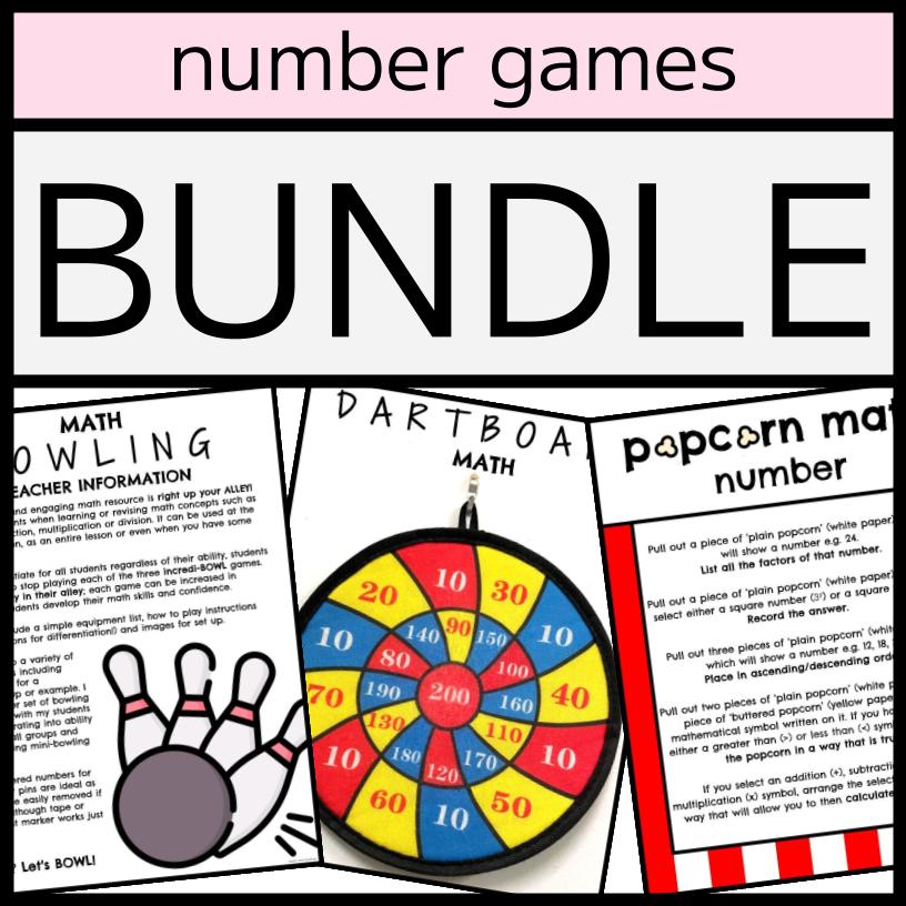 NUMBER GAMES BUNDLE - Popcorn, Bowling, & Dartboard Math