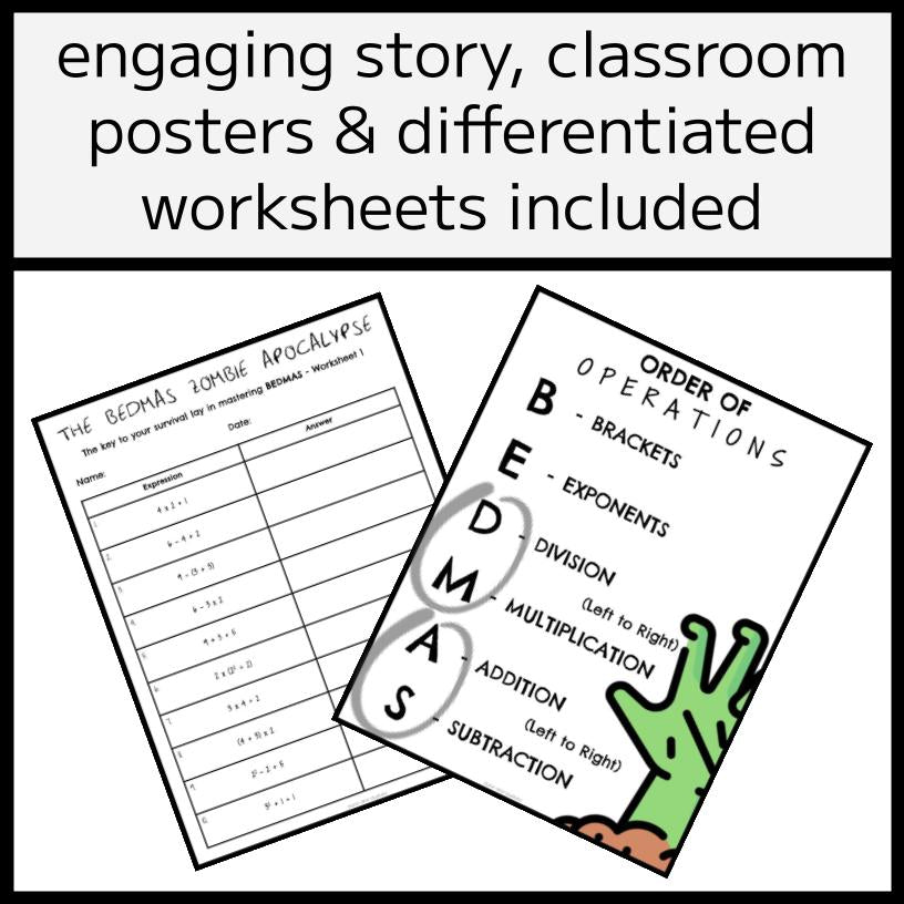 BEDMAS 'Zombie Apocalypse' Story, Posters, & Worksheets